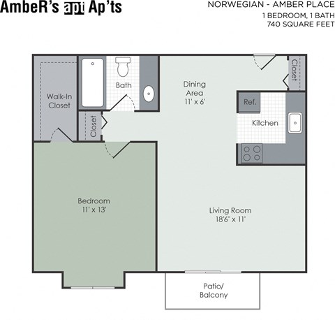 Floor plan for 1 bed, 1 bath, 756 sqft